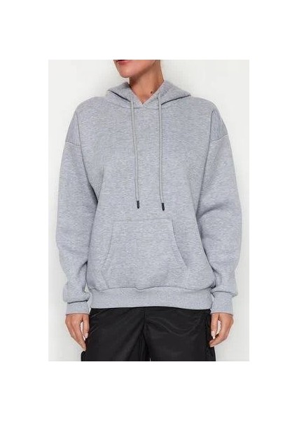 Üç İplik Kapüşonlu Sweatshirt Melanj Gri