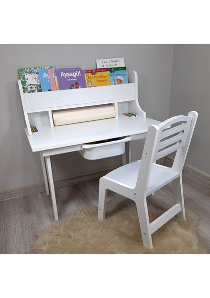 Aktivite Masa Sandalye Seti,2-7 Yaş- Kitaplıklı-Rulo Aparatlı-(Plastik Çekmece Pakete Dahil Değildir)