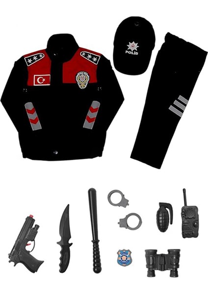 Kırmızı Polis Kostümü Alt Üst + Şapka + Oyuncak Seti Çocuk Polis Kostümü - Çocuk Polis Kıyafeti