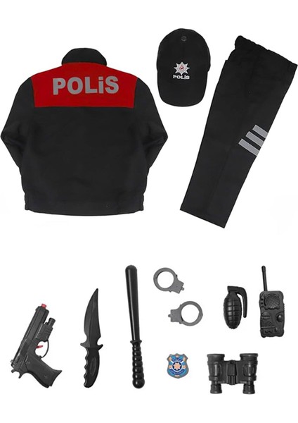 Kırmızı Polis Kostümü Alt Üst + Şapka + Oyuncak Seti Çocuk Polis Kostümü - Çocuk Polis Kıyafeti