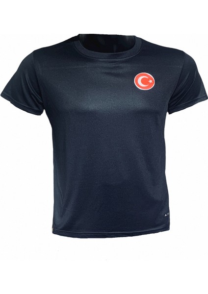 Erkek Siyah Türkiye A Milli Takım Logolu Günlük Spor Koşu Tişört