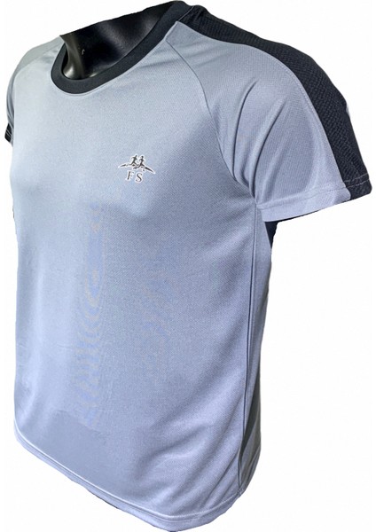 Erkek Gri Siyah Kol Şeritli Fitness Spor Koşu Tişört