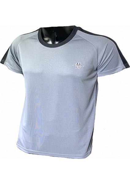 Erkek Gri Siyah Kol Şeritli Fitness Spor Koşu Tişört fiyatları