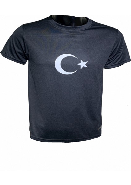 Erkek Siyah Türkiye A Milli Takım Logolu Günlük Spor Koşu Tişört