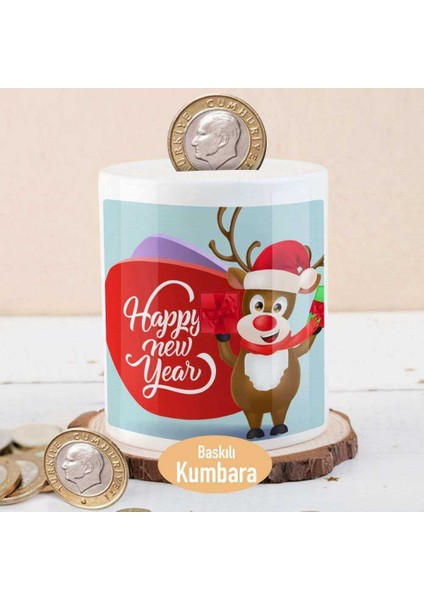 Yeni Yıl Noel Şapkalı Geyik Baskılı Para Birikim KUMBARASI-16678