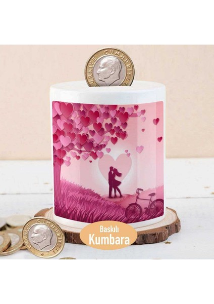 Pembe Kalpli Ağaç ve Romantik Çift Para Birikim KUMBARASI-214750