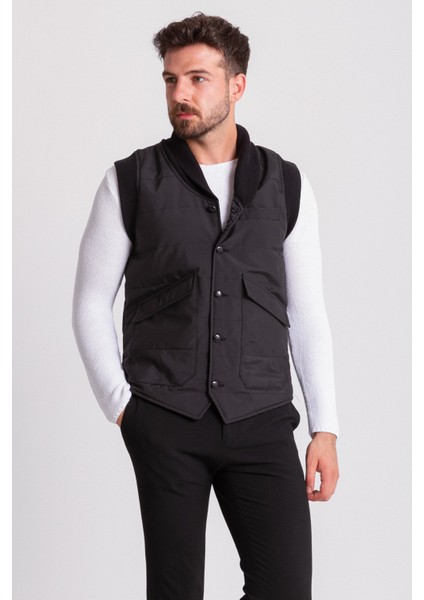 Çizgi Desenli Siyah Renk Slim Fit Şal Yaka Erkek Yelek