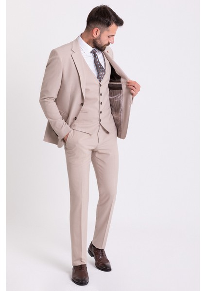 Duz Bej Rengi Slim Fit Klasik Erkek Takım Elbise fiyatları