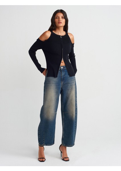 71718 Dizi ve Paça Ucu Pensli Balon Denim Pantolon-Koyu Mavi