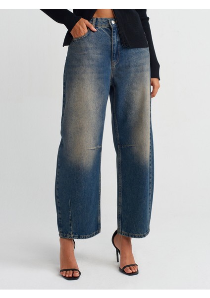 71718 Dizi ve Paça Ucu Pensli Balon Denim Pantolon-Koyu Mavi modelleri