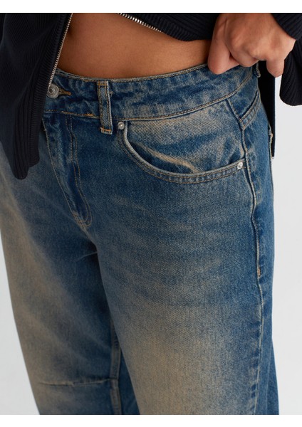 71718 Dizi ve Paça Ucu Pensli Balon Denim Pantolon-Koyu Mavi fırsatları