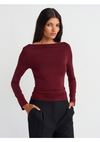 31213 Kayık Yaka Uzun Kollu Top-Bordo