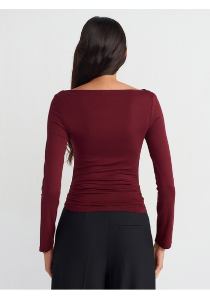 31213 Kayık Yaka Uzun Kollu Top-Bordo fiyatları