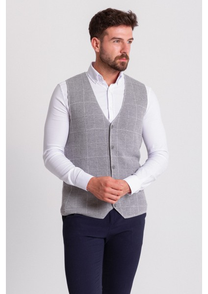 Kareli Gri Renk Slim Fit Erkek Triko Yelek