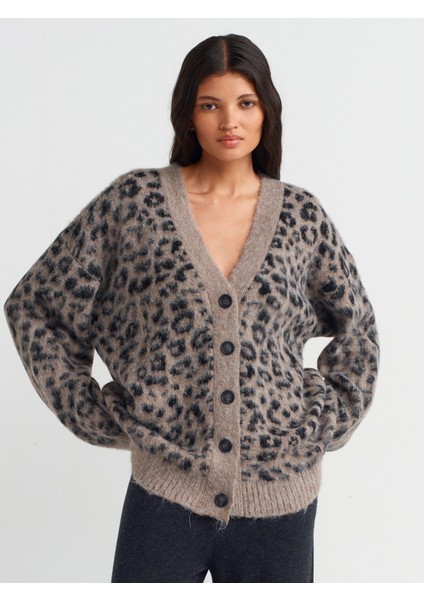 60260 V Yaka Leopar Şardonlu Düğmeli Triko Hırka-Vizon