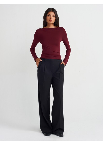 31213 Kayık Yaka Uzun Kollu Top-Bordo modelleri