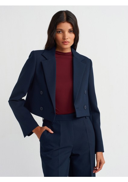 60744 Kruvaze Düğmeli Crop Blazer-Lacivert