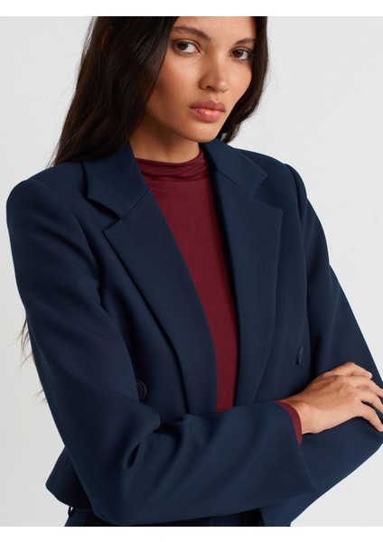 60744 Kruvaze Düğmeli Crop Blazer-Lacivert modelleri