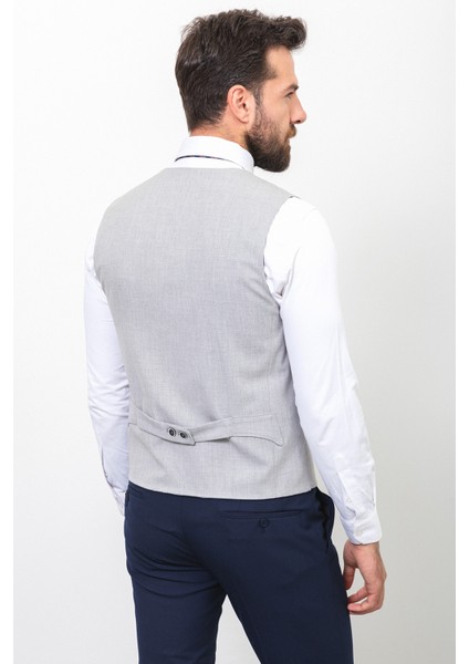 Düz Gri Renk Slim Fit Klasik Erkek Yelek