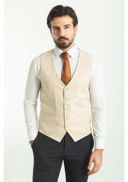 Düz Bej Rengi Slim Fit Klasik Erkek Yelek