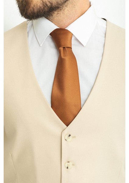 Düz Bej Rengi Slim Fit Klasik Erkek Yelek