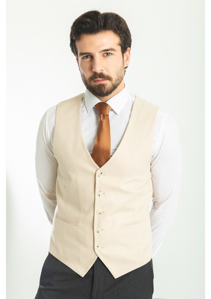 Düz Bej Rengi Slim Fit Klasik Erkek Yelek