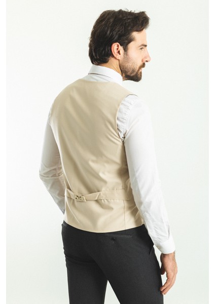 Düz Bej Rengi Slim Fit Klasik Erkek Yelek