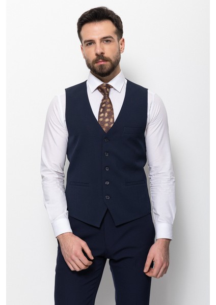 Düz Lacivert Renk Slim Fit Klasik Erkek Yelek