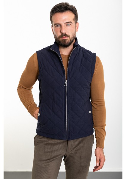 Kapitone Lacivert Slim Fit Hakim Yaka Erkek Yelek