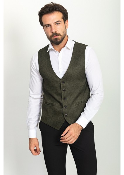 Desenli Haki Rengi Slim Fit Klasik Yün Erkek Yelek