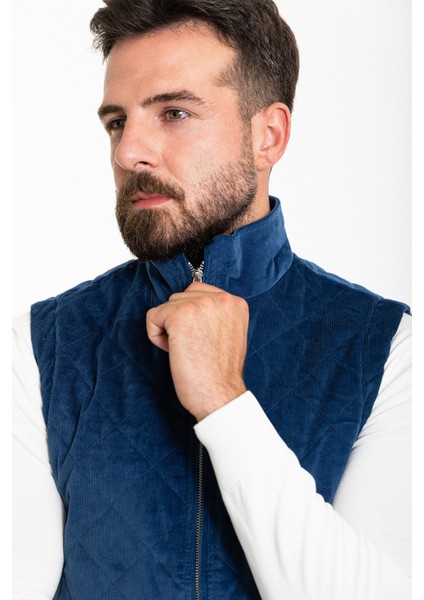 Kapitone Indigo Slim Fit Hakim Yaka Erkek Yelek fırsatları