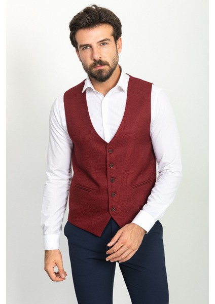 Desenli Bordo Rengi Slim Fit Klasik Yün Erkek Yelek