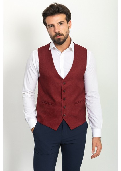 Desenli Bordo Rengi Slim Fit Klasik Yün Erkek Yelek