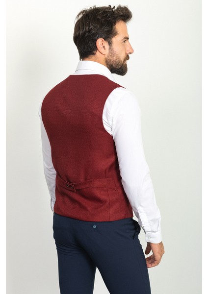 Desenli Bordo Rengi Slim Fit Klasik Yün Erkek Yelek