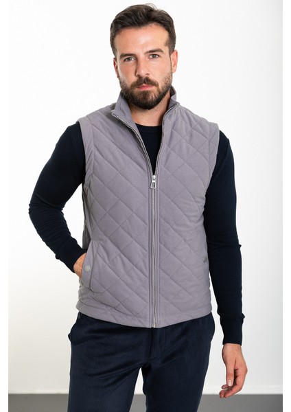 Kapitone Gri Slim Fit Hakim Yaka Erkek Yelek