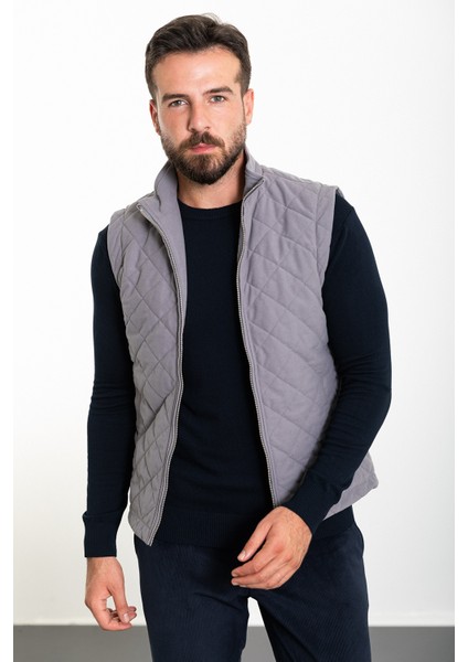 Kapitone Gri Slim Fit Hakim Yaka Erkek Yelek modelleri