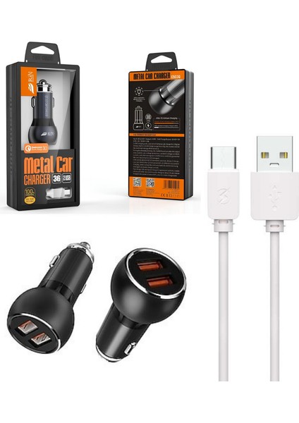 Araç Şarj Cihazı C503Q Type C Hızlı Şarj Özellikli 36 W 2 USB - Qc 3.0 Akıllı Metal Şarj Başlığı