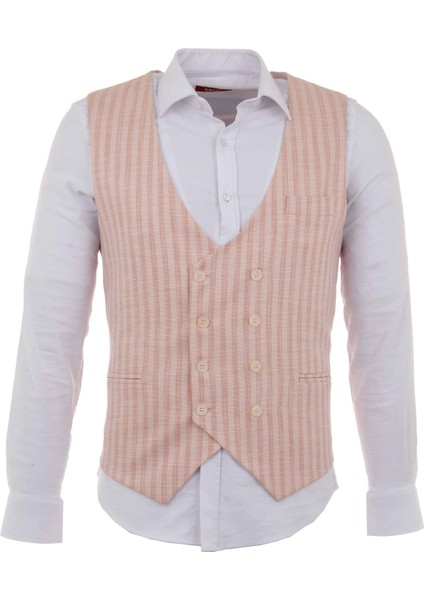 Kareli Somon Rengi Slim Fit Kruvaze Erkek Yelek