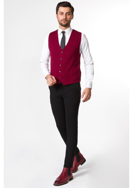 Çizgili Bordo Siyah Renk Slim Fit Triko Erkek Yelek modelleri