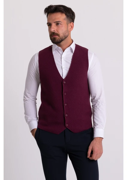 Dokulu Bordo Slim Fit Triko Erkek Yelek