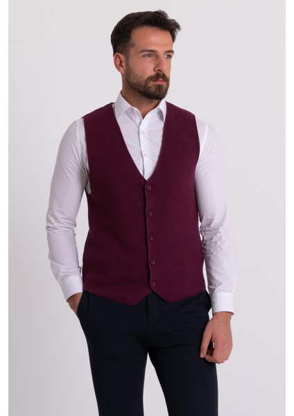 Dokulu Bordo Slim Fit Triko Erkek Yelek