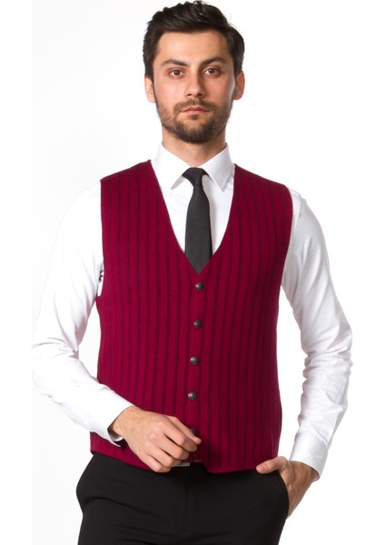 Çizgili Bordo Siyah Renk Slim Fit Triko Erkek Yelek