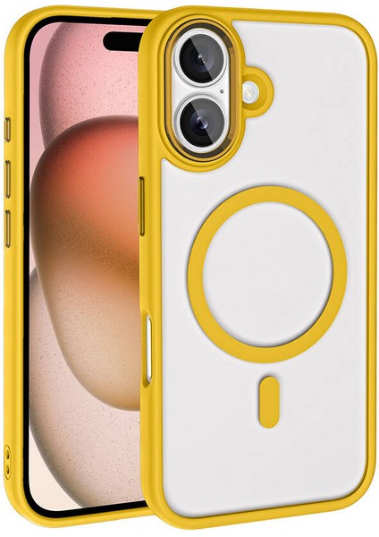 Megafox Teknoloji Apple iPhone 16 Kılıf Wireless Şarj Özellikli Zore Krom Magsafe Silikon Kapak, Sarı