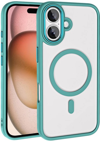 Megafox Teknoloji Apple iPhone 16 Kılıf Wireless Şarj Özellikli Zore Krom Magsafe Silikon Kapak, Yeşil