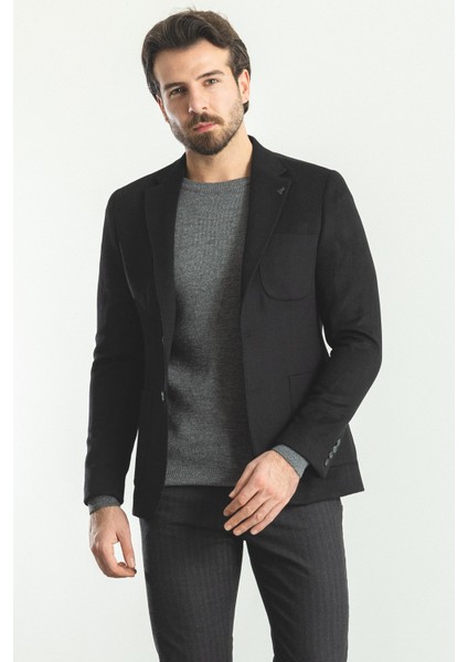 Düz Siyah Slim Fit Torba Cep Mono Yaka Premium Yün Erkek Ceket