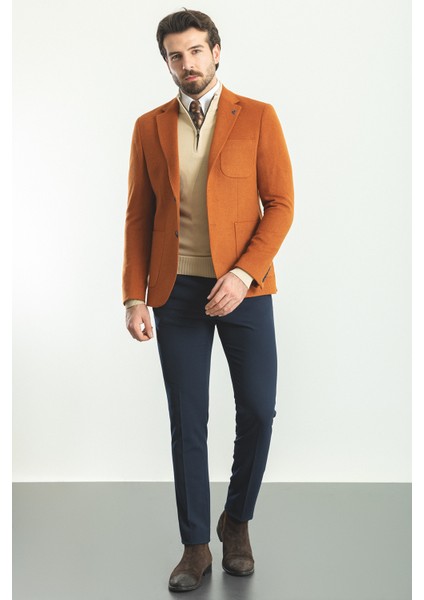 Düz Kiremit Rengi Slim Fit Torba Cep Mono Yaka Premium Yün Erkek Ceket