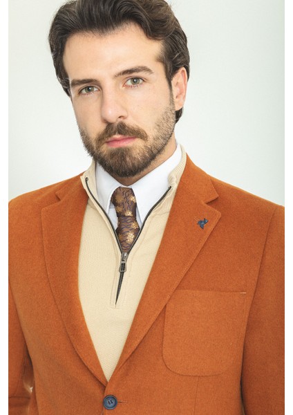 Düz Kiremit Rengi Slim Fit Torba Cep Mono Yaka Premium Yün Erkek Ceket