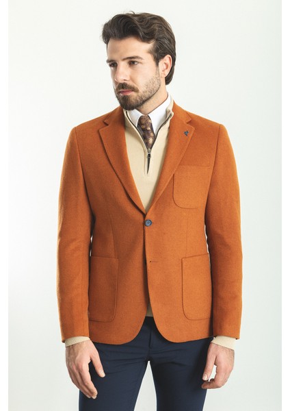 Düz Kiremit Rengi Slim Fit Torba Cep Mono Yaka Premium Yün Erkek Ceket