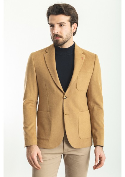 Düz Kamel Rengi Slim Fit Torba Cep Mono Yaka Premium Yün Erkek Ceket