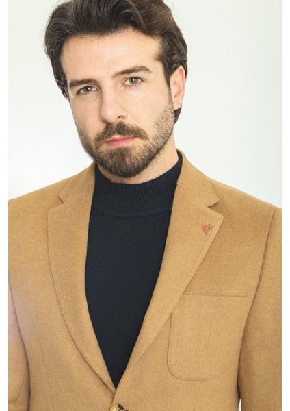 Düz Kamel Rengi Slim Fit Torba Cep Mono Yaka Premium Yün Erkek Ceket